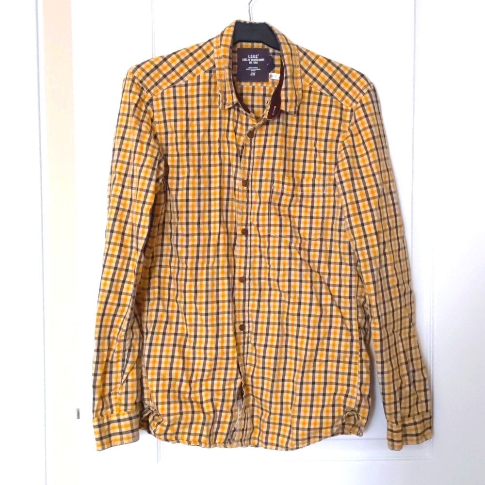 3/$45 H&M LOGG yellow, black and white Buffalo print long sleeve mens shirt